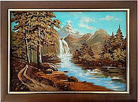 Картина "Горный водопад в окружении леса" из янтаря 20х30