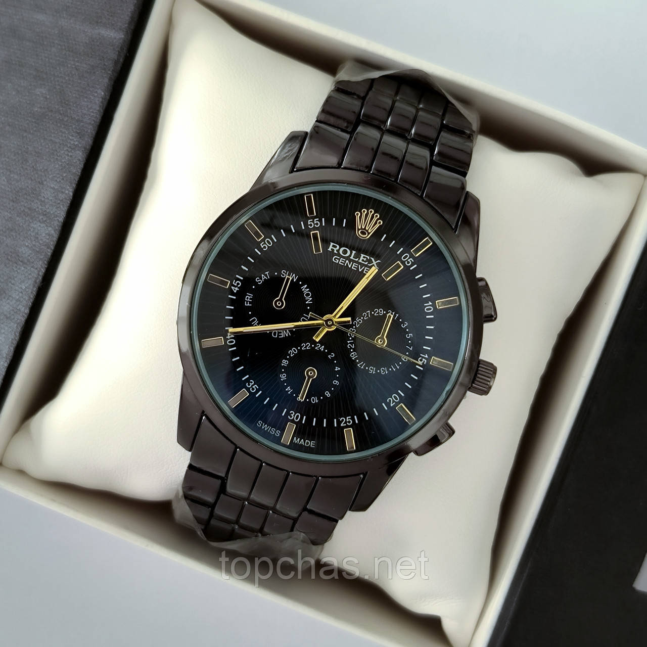 Наручний годинник для чоловіків Rolex (ролекс), чорний з золотими елементами, антивідблискове скло - код 2192t