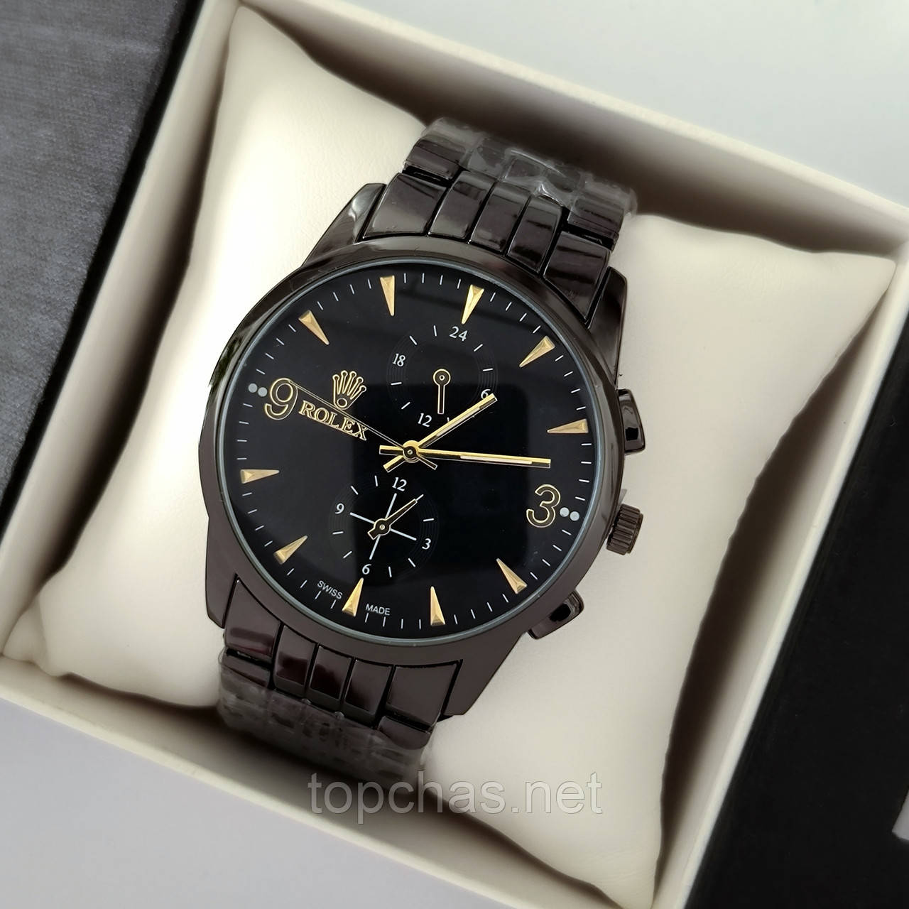 Наручний годинник для хлопців Rolex (ролекс), чорний з золотими елементами, антивідблискове скло - код 2193t