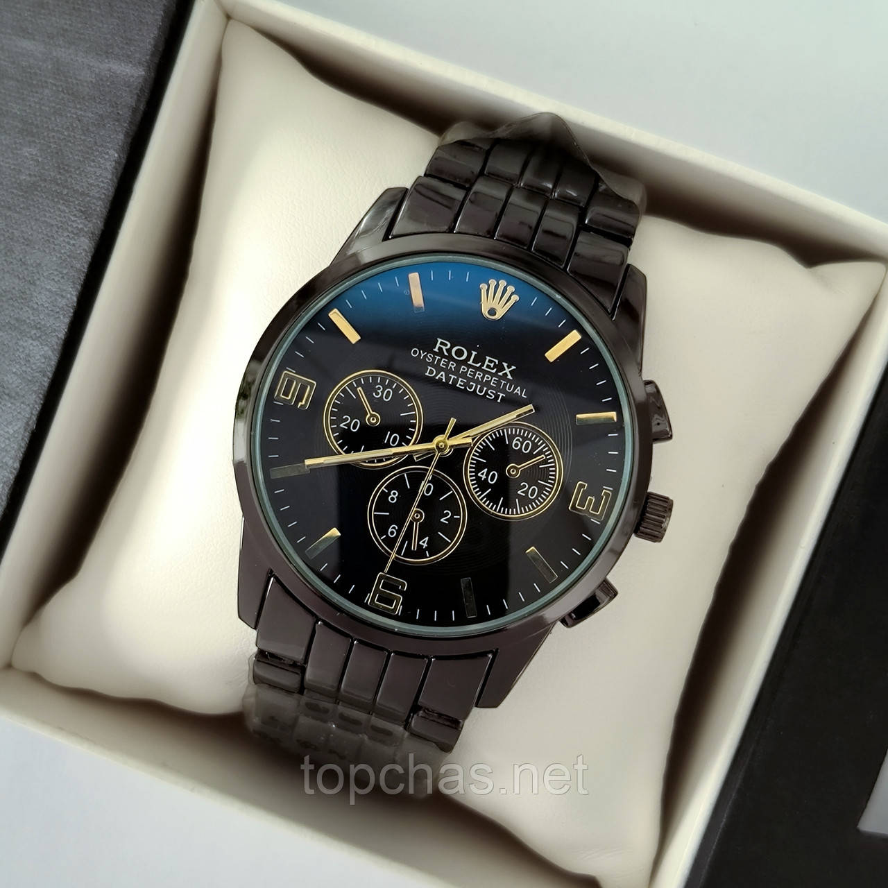 Чоловічий годинник на руку Rolex (ролекс), чорний з золотими елементами, антивідблискове скло - код 2194t