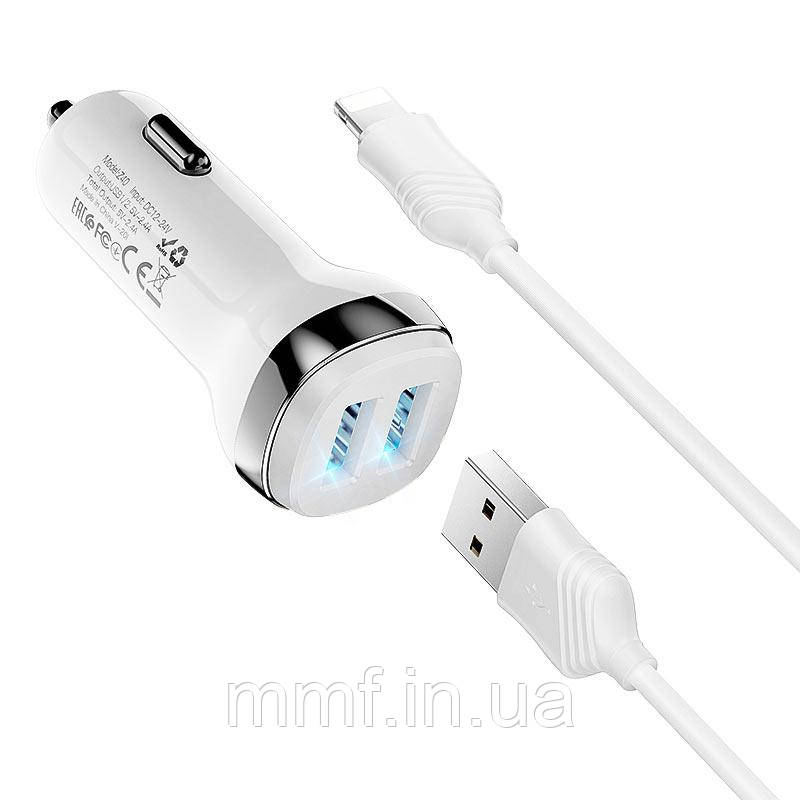 Автомобільний зарядний пристрій HOCOZ40 Superior dual port car charger set(Lightning) / white