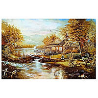 Картина "Дом в лесу у реки" из янтаря 20х30