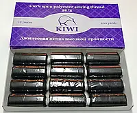 Нитки для шитья сверхпрочные армированные "Kiwi" 20/2, 200 ярдов 12шт/уп полиэстер Черные