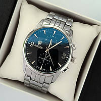 Чоловічий наручний годинник Rolex (ролекс) срібло з чорним циферблатом, скло з антибліком - код 2199t