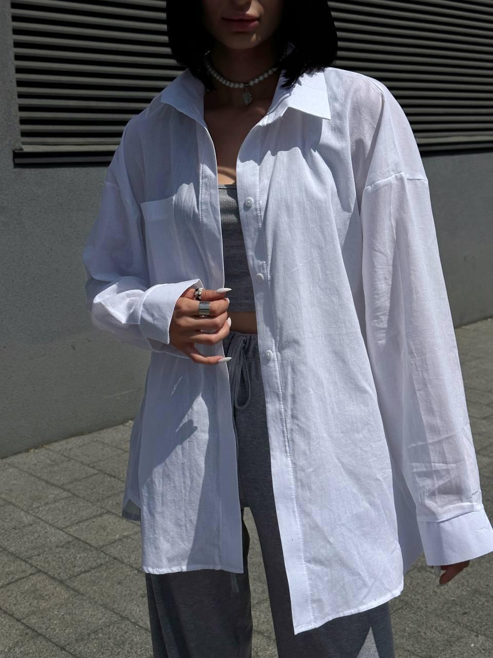 Блуза жіноча з попліна довга з білим топом та цікавою спинкою розміри норма