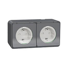 Розетка Schneider Electric MUREVA S чорна подвійна зовнішня з заземленням і шторками IP55 (C2) MUR36029