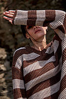 Джемпер жіночий в смужку Подовжений в'язаний джемпер з V вирізом Вовняний смугастий пуловер з мохером