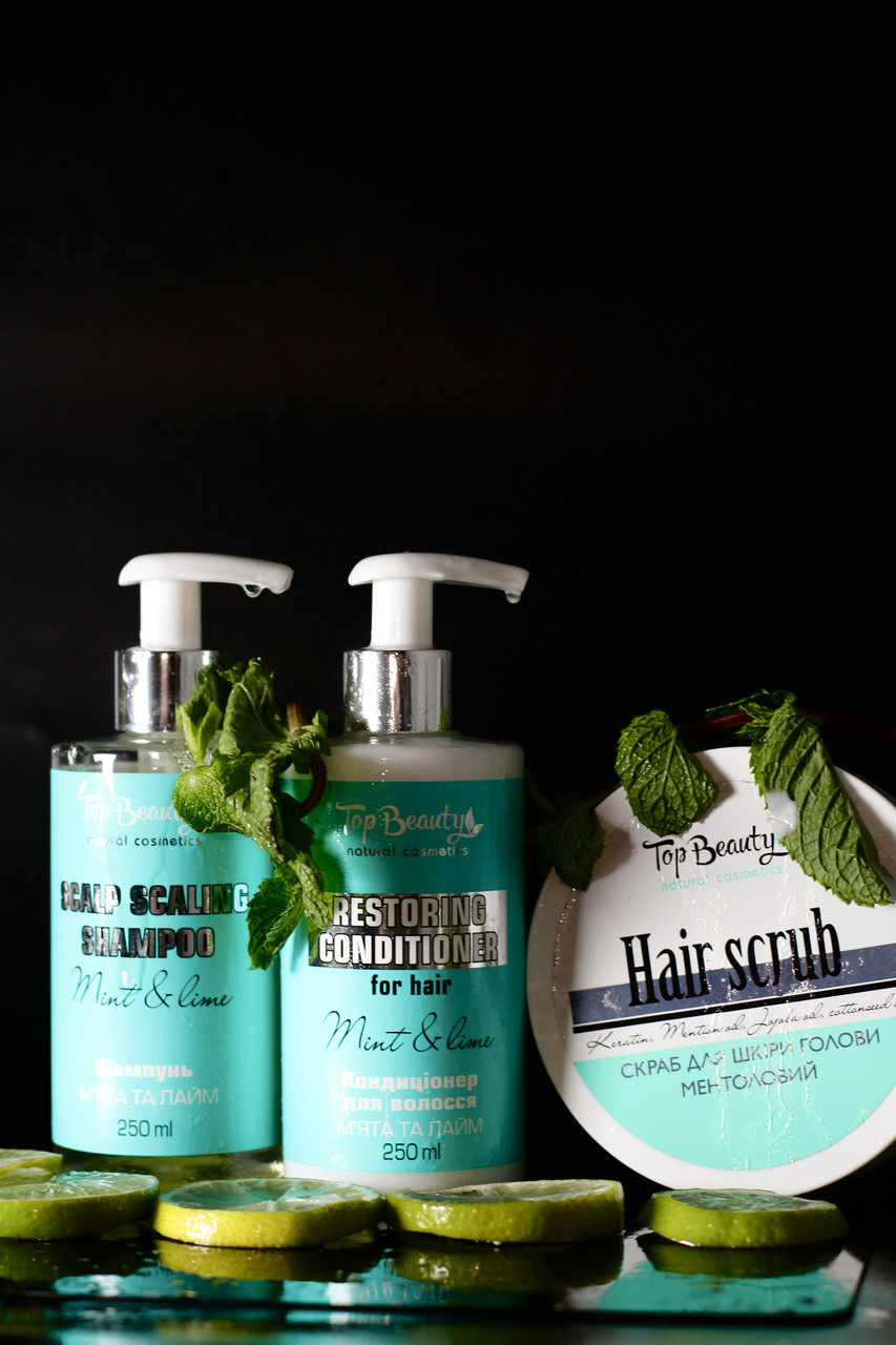 Набір для інтенсивного відновлення волосся з ментолом Top Beauty: шампунь, кондиціонер, скраб, фото 1