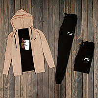 Комплект мужской Nike (Найк) Кофта + Штаны + Шорты + Футболка бежево-черный Спортивный костюм осенний весенний