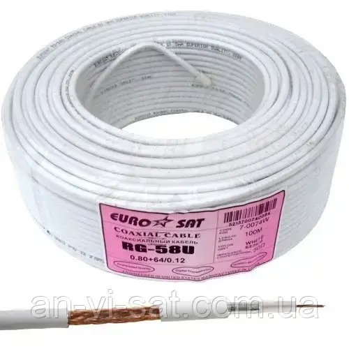 Кабель коаксіальний RG-58U Eurosat 50 Ом (0.80+64/0.12) мідь, CCA обплетення для 3G/4G, WiFi, відеоспостереження, 100м.