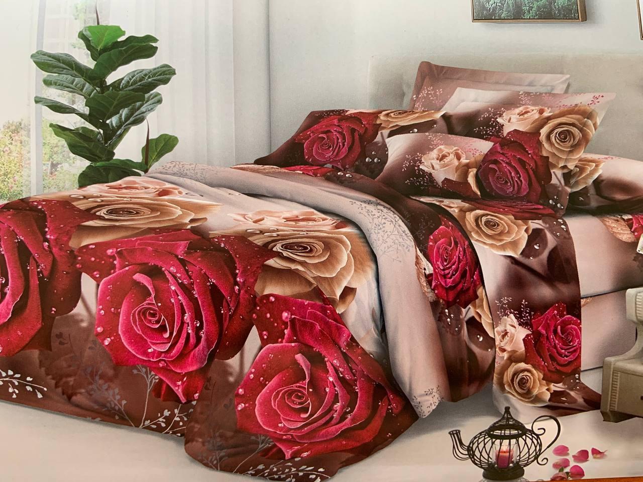 Комплект постільної білизни Бязь Комбі коричневого та бежевого з трояндами Євро розмір 200х220