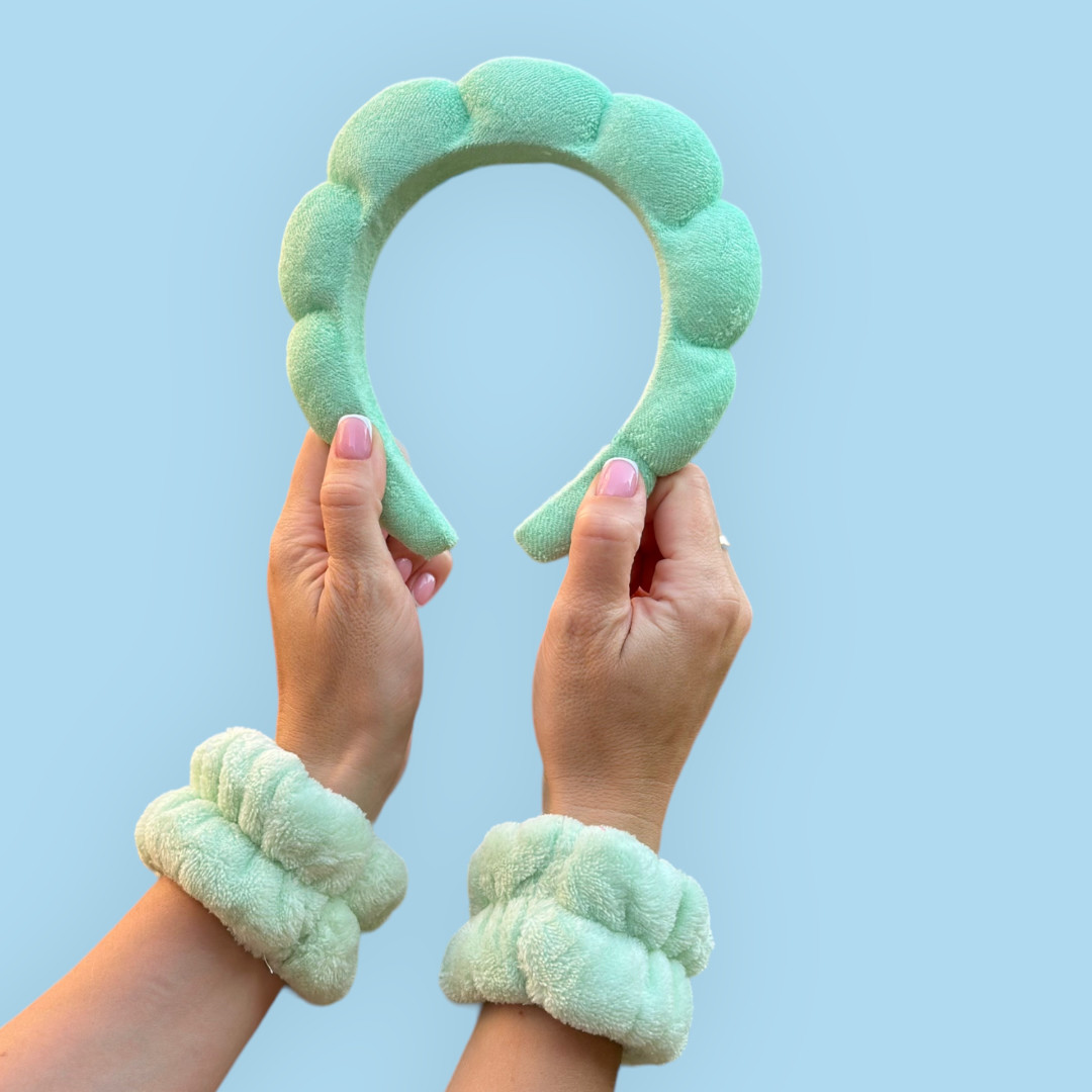 М'який косметичний обруч для вмивання + напульсники, м'ятний, фото 1