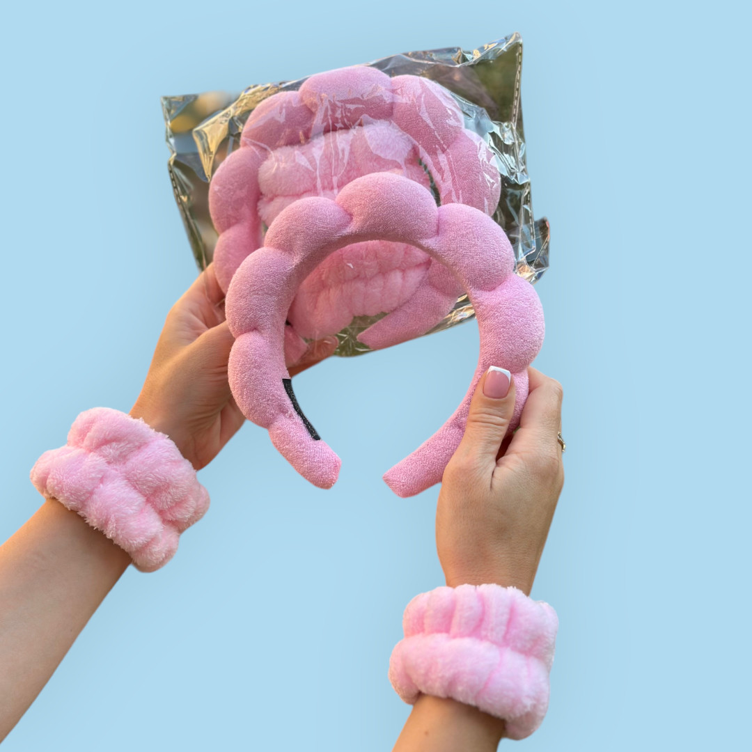 М'який косметичний обруч для вмивання + напульсники, рожевий, фото 1
