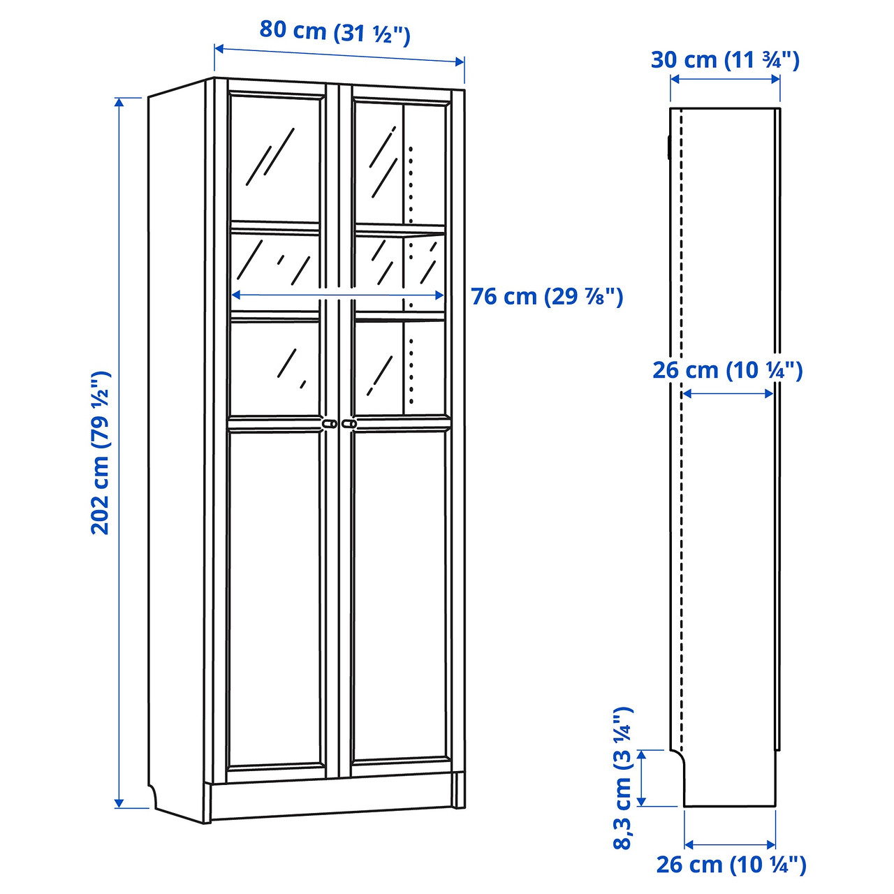 Книжкова шафа з парою панельних дверей IKEA BILLY БІЛЛІ, скло, білений дубовий шпон, 80х30х202 см, 392.817.73 - фото 6 - id-p1931937234