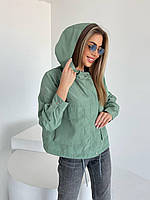 Женская ветровка (плащовка Канада) на подкладке с капюшоном и карманами; чёрный, оливка, серый; оверсайз Оливковый, 42/44