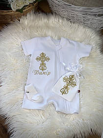 Хрестильний одяг для новонароджених пісочник з вишивкою, мішечок з вишивкою для першого волосся + шкарпетки