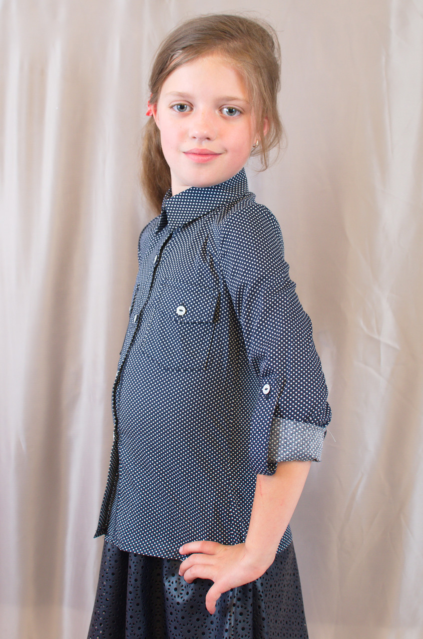 Модна стильна блуза-сорочка в горошок на дівчинку. - фото 3 - id-p337360801