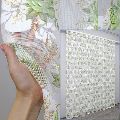 Тюль сітка жакардова. Колір білий з салатовим. Код 1330т