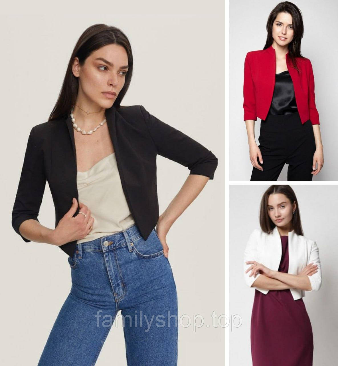 Короткий жіночий жакет однотонний повсякденний великих розмірів XL, XXL, 3XL, колір чорний, білий, червоний
