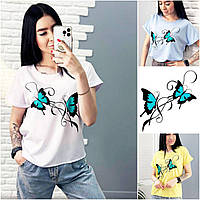 Женские футболки - 5219-фг - Женская блузка-футболка с рисунком бабочки на лето