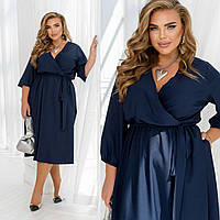 Коктейльное женское платье темно-синее миди больших размеров 50/52