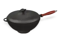 Чугунная сковорода wok для электрических плит 20 см х 9 см 1,7л с деревянной ручкой и чугунной крышкой