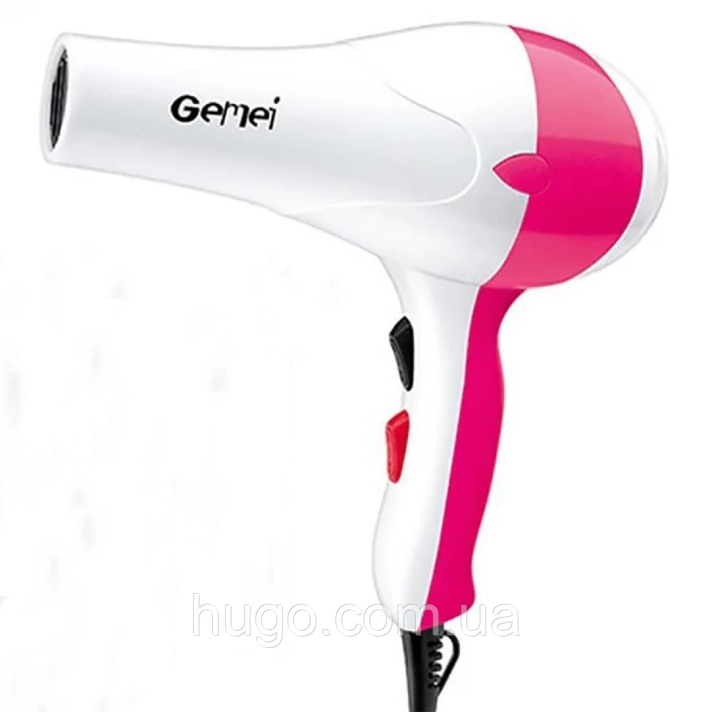 Фен для волосся Gemei GM-1701, 1200Вт, Білий з рожевим / Маленький фен для укладання волосся