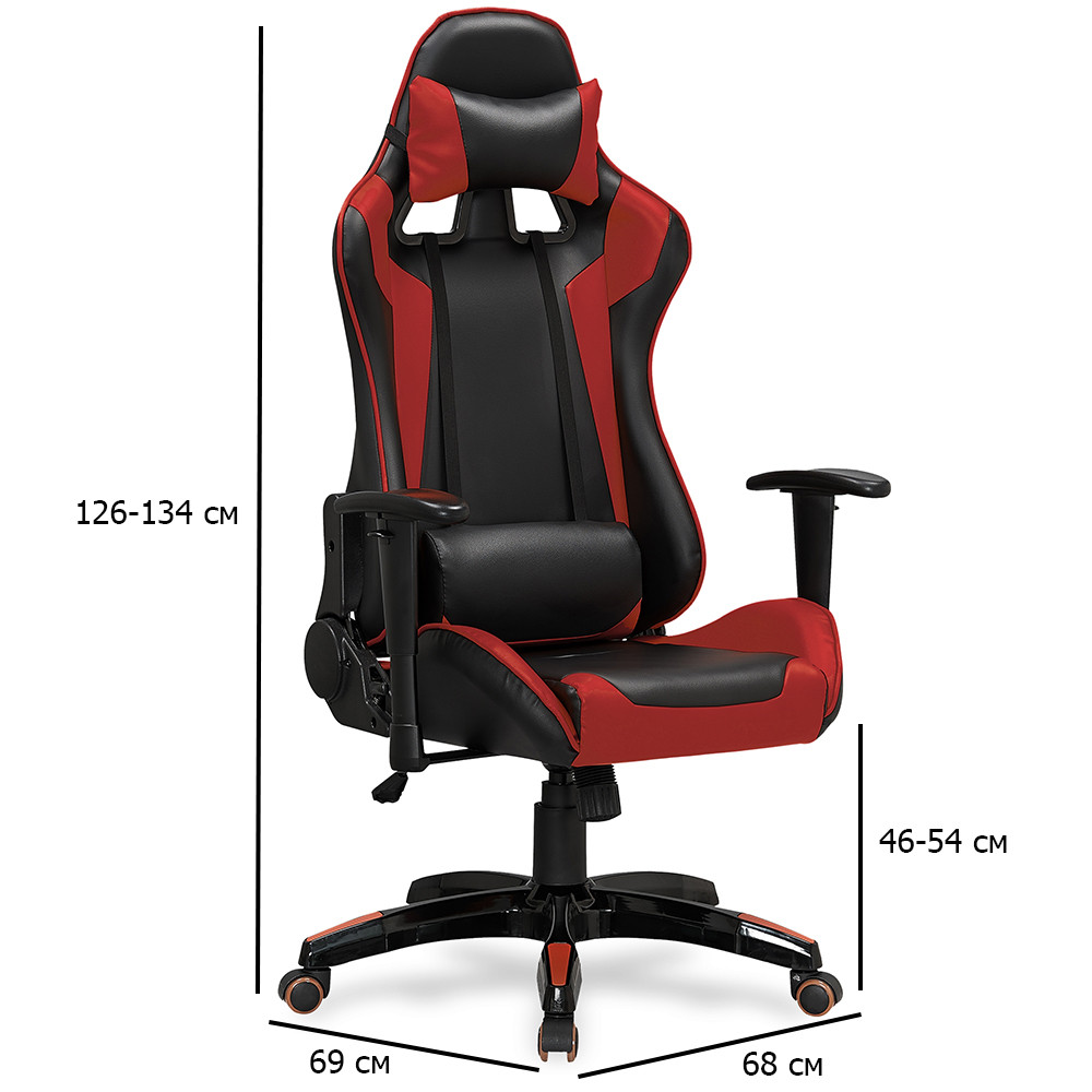 Геймерське крісло екошкіра Defender чорно-червоне з регульованими підлокітниками та подушками