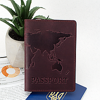 Обкладинка шкіряна на закордонний паспорт "Карта" (бордова)