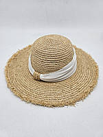 Жіночий капелюх з соломи з середніми полями з бахромою та гарною стрічкою 54-57 Бежевий з білим S396-11381