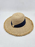 Жіночий капелюх з соломи з середніми полями з бахромою та гарною стрічкою 54-57 Бежевий з темно-синім S396-11382