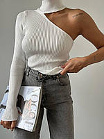 Модная женская белая универсальная кофта мягкого рубчика с вырезом на плече и воротником стойкой