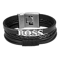 Кожаный мужской браслет Босс Boss Yuwi Feya многослойный плетеный черный