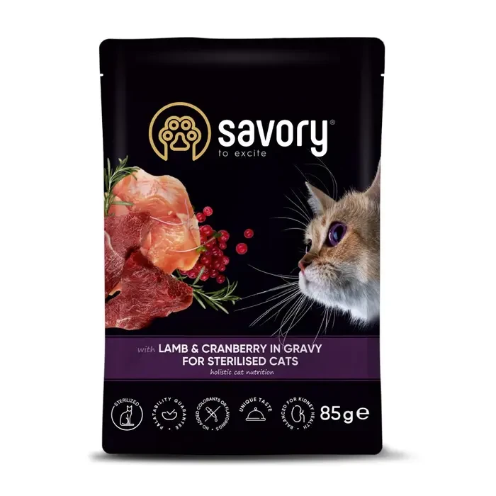 Вологий корм для стерилізованих котів Savory 85 г - ягня та журавлина, фото 1