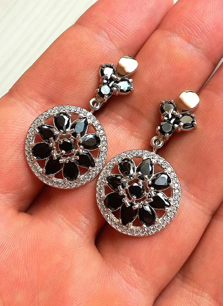 Круглые серьги из серебра с золотыми вставками черные циркон (ID ...