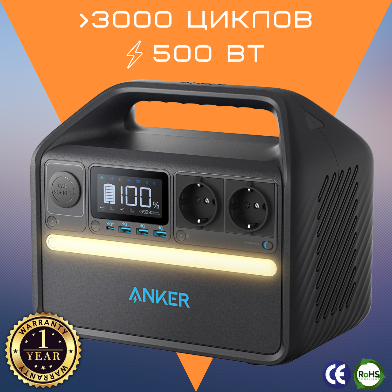 Зарядна Станція 500 Вт Anker 535 Powerhouse 512Wh 160000 мАг з Розетками 220В з Швидкою Зарядкою та Ліхтариком