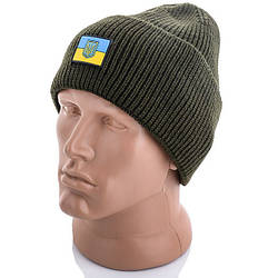 Зимова в'язана шапка з відворотом на флісі "Герб+ Прапор" Розмір: 55- 60 (17134-1)