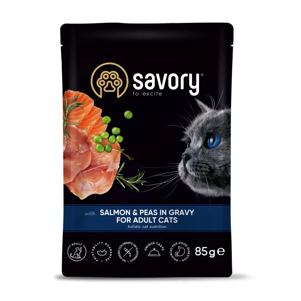 Вологий корм для дорослих котів Savory 85 г - лосось та горошок, фото 1