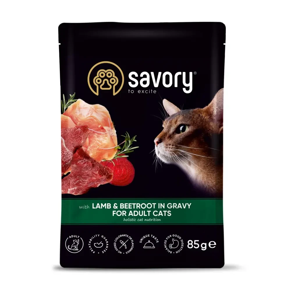 Вологий корм для дорослих котів Savory 85 г - ягня та буряк, фото 1