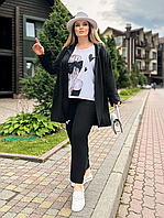Костюм жіночий брючний чорний трикотажний із білою блузкою повсякденний великого розміру 48-58. 101596
