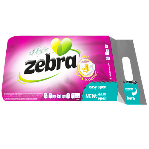 Туалетний папір  Zebra Violet білий 3-шар, 8 шт.*14м (упаковка з ручками) (3800090304432)
