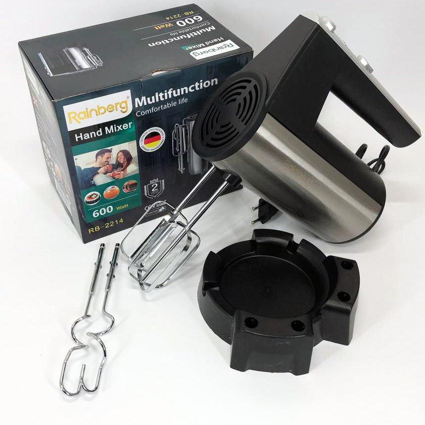 Міксер ручний електричний Rainberg RB-2214 600W 5 швидкостей з підставкою, двовіночковий міксер, фото 1