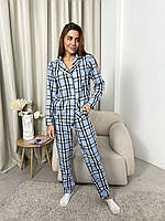 Женская пижама домашний костюм ФЛАНЕЛЬ в клетку COSY штаны+рубашка ГОЛУБОЙ