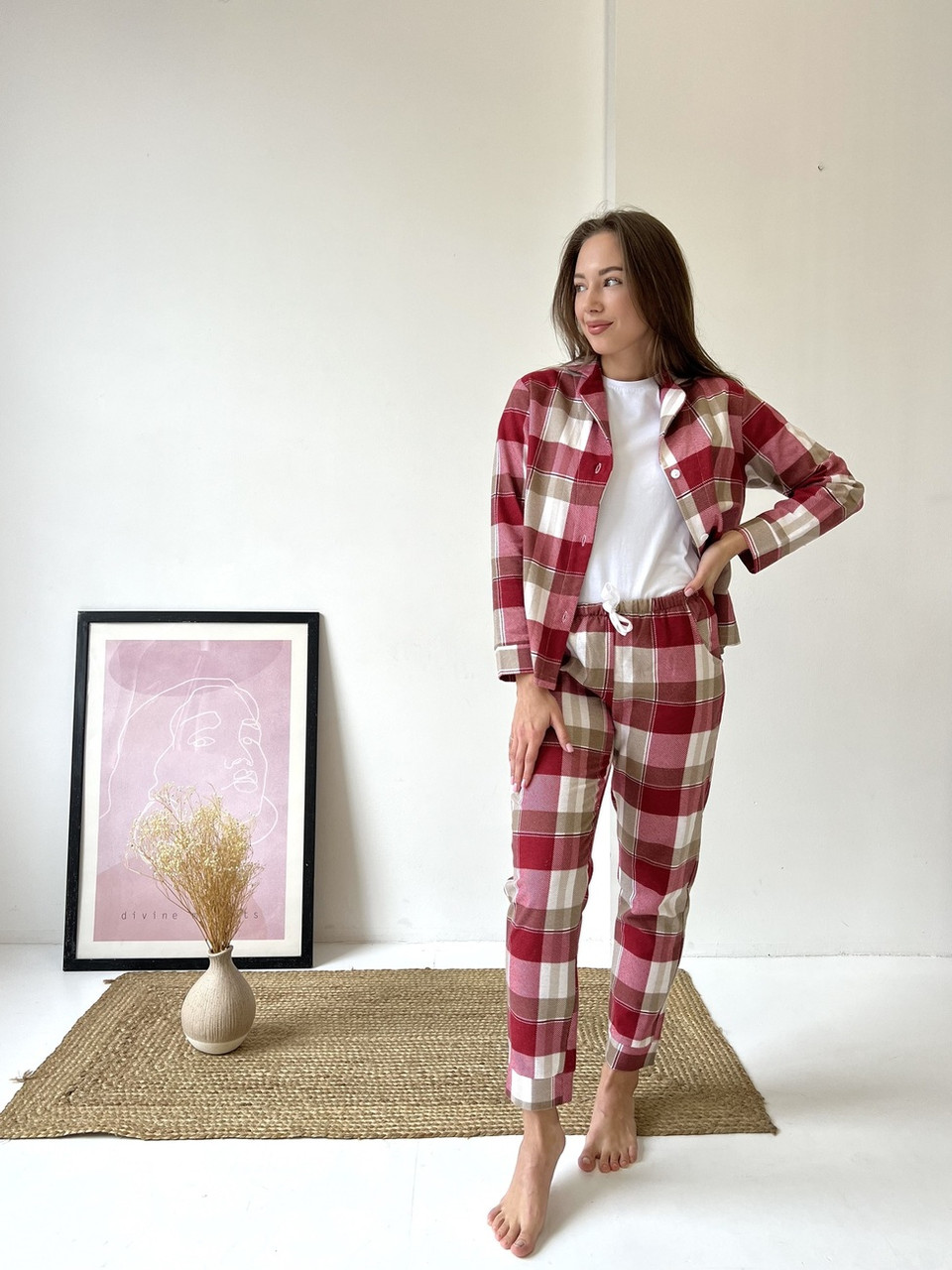 Жіноча піжама домашній костюм 3-ка у клітинку COSY (штани+сорочка+футболка) ЧЕРВОНО-БІЛА