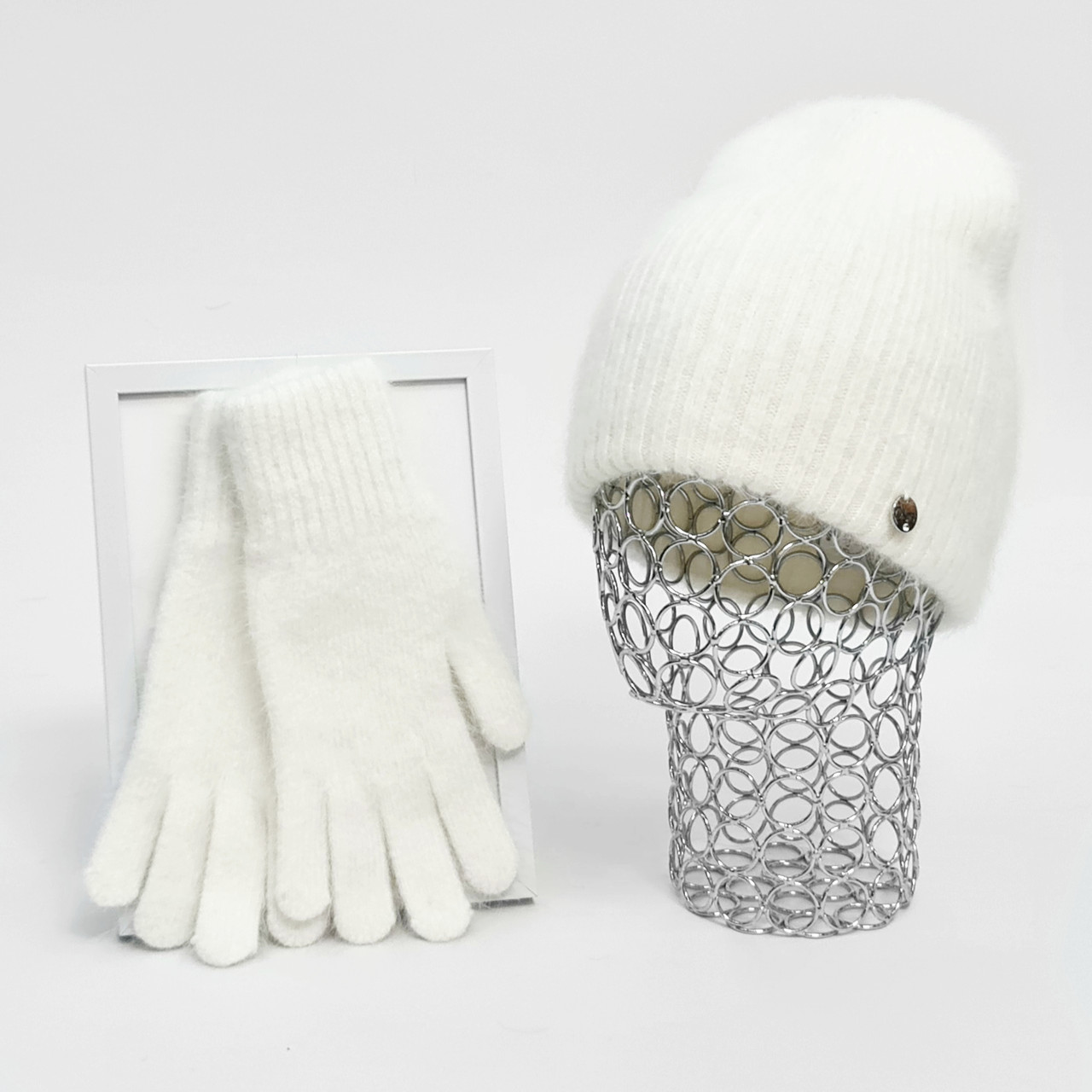 Комплект жіночий зимовий ангоровий (шапка+рукавички) ODYSSEY 55-58 см Молочний 13413 - 4183, фото 1