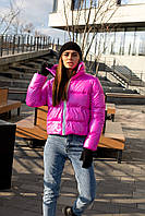 Яркая женская стильная осенняя теплая укороченная куртка, Красивая куртка пуховик розового цвета M/L