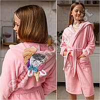 Детский банный халат микрофибра велсофт Единорог розовый 2-4 года