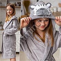 Дитячий банний халат мікрофібра велсофт Сірий Лев 2-4 роки