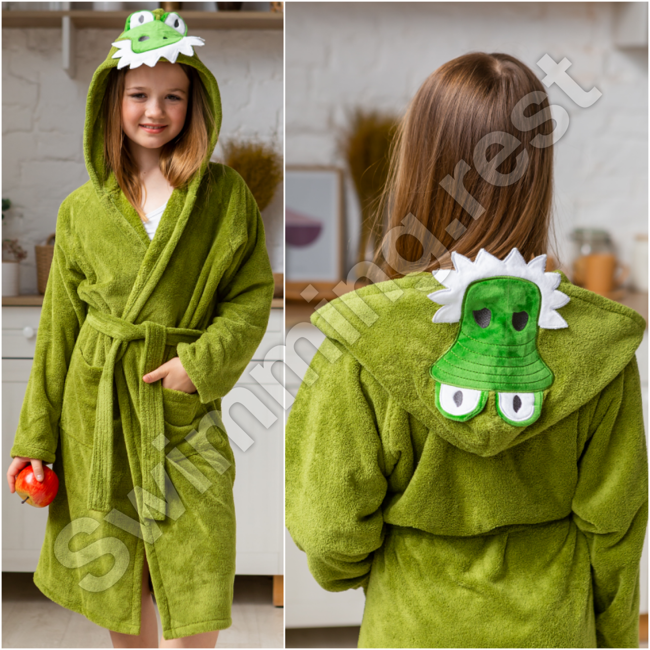 Дитячий банний халат мікрофібра велсофт Крокодил Зелений 6-8 років