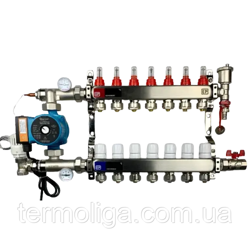 Колектор теплої підлоги "ЕР" Чехія (нержавіюча сталь) 7 контури в зборі, фото 1